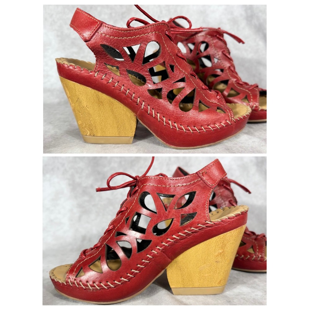 Vtg LOBO SOLO Red Leather Wedge Sandals Wms 7 Lace Up Laser Cut Boho Block Heel - Picture 3 of 8